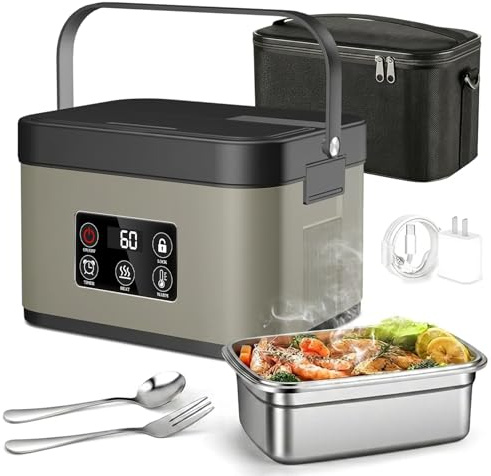 Gamexop 1.5L Heated Lunch Boxes for Adults Upgraded Electric Heat Up Lunch Box, Rechargeable Battery Powered Stainless Steel Self-Heating Food Warmer for Office Travel Truck