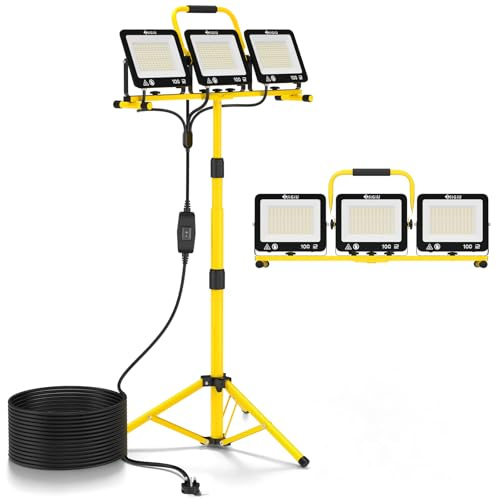 300W LED Work Light with Tripod, IP66 Flood Lights with 3 Adjustable Head | 28500LM Work Lights with Telescopic Stand 360° Rotatable for Garage, Outdoor Work, Vehicle Repair, Camping, Construction Site