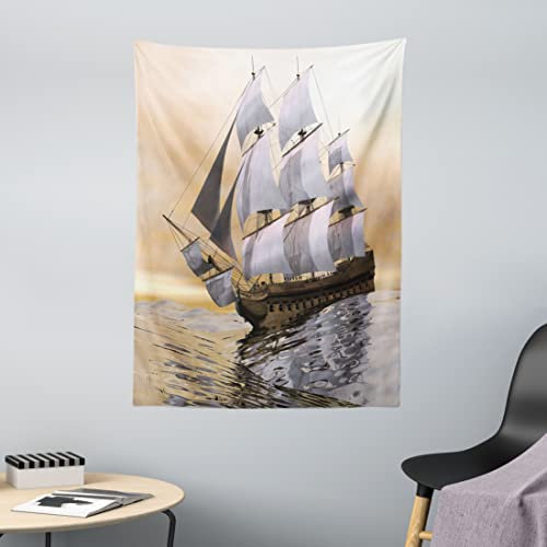 ABAKUHAUS maritim Wandteppich, Schiff auf Ozean aus Weiches Mikrofaser Stoff Waschbar ohne Verblassen Digitaldruck, 110 x 150 cm, Grau Weiß