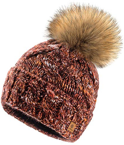 MFAZ Morefaz Ltd Set Mütze & Schal Winter Damen Alpaka Wolle Beanie Strickmütze Wurm Fleece Bommel Pom Pom (Chili Mütze)