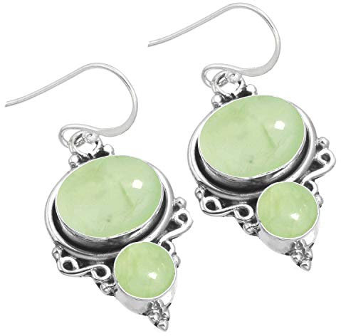 Jeweloporium Grüner Prehnit Ohrhänger Silber, 925 Sterling Silber Ohrring für Frauen, Echter ovaler Stein Boho Schmuck