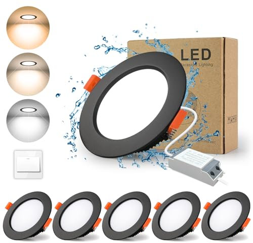 BAGZY LED Einbaustrahler 230V Schwarz Spots Flach 5W 230V IP44 500LM 5er Set,3 Farben Beleuchtung 3000K/4000K/6000K Ausschnitt 70-80mm,CRI 80,Einbauleuchten Decken Spot,für Schlafzimmer Badezimmer