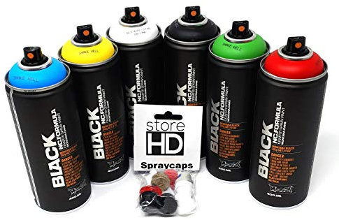 Montana Black Spray Can Set Basic Colours + Spare Spray Heads, Graffiti Street Art 6 x 400 ml