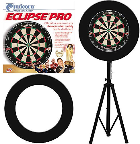 Designa Darts Travel Stand Tripod Board Holder + Unicorn Eclipse Dartboard + Surround