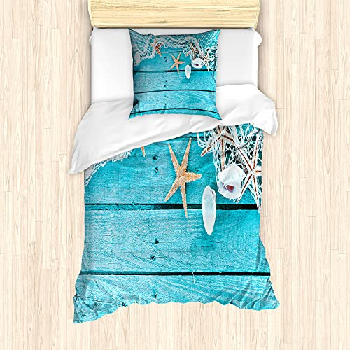ABAKUHAUS maritim Bettbezug Set für Einzelbetten, Nautik Muscheln und Net, Milbensicher Allergiker geeignet mit Kissenbezug, Aqua Tan