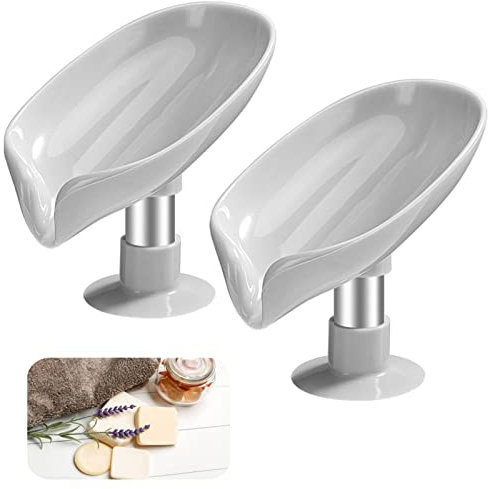 Seifenhalter Mit Saugnapf 2 PCS Grau Blattförmige Hohl Seifenschale Kunststoff Schwamm Seifenschale Mit Ablauf Ohne Bohre Soap Box,für Küche, Bad, Zähler,Dusche