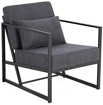 Mingone Sessel Gepolsterter Cocktailsessel Polstersessel Stuhl Relaxsessel aus Leinen Loungesessel mit Handläufen Eisengestell für Wohnzimmer, Dunkelgrau 1