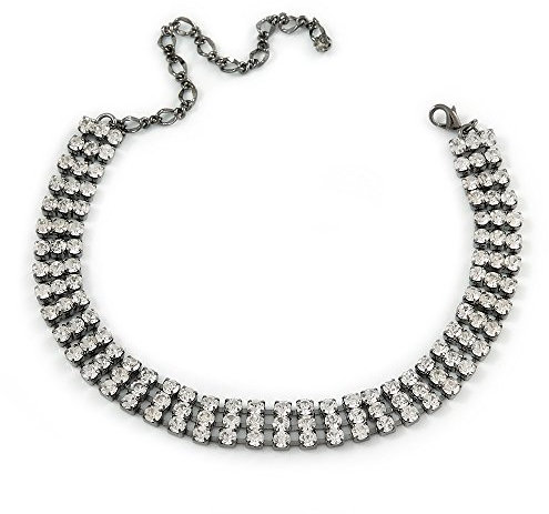 Avalaya Collana girocollo in cristallo trasparente a tre file/metallo tono nero/26 cm L/11 cm