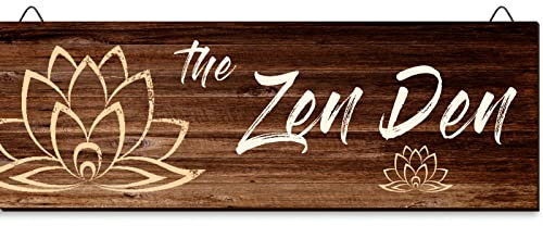 The Zen Den Wooden Wall Sign, 13.7 x 4.7 Inches Hippie Room Decoration with Hooks, Hanging Meditation Accessories Decor for Chakra, Spiritual Room Accents