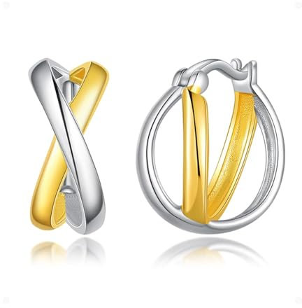 PHNIBIRD Creolen Gold 925 Sterling Silber Minimalistisches X Form Ohrringe Zweifarbiges Hypoallergene Gold Ohrringe Creolen Geschenk für Frauen