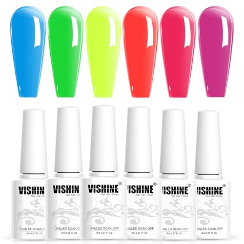 Vishine Smalto Gel Semipermanente - Smalto Gel per Unghie Set di 6 Colori Traslucido Neon Blu Verde Giallo Arancione Rosa Fucsia UV LED Soak Off Nail Art Set 8ml
