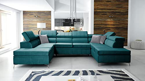 Ecksofa mit Schlaffunktion Bari VIII Wohnlandschaft XXL Sofa U-Form Stoff Velvet Chromfüße USB Modern 26 (Amore 4312, Seite RECHTS)