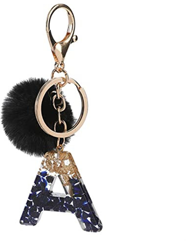 XINGYUANHE Schwarzer Bommel Buchstabe Schlüsselanhänger Glitzer Farbverlauf Harz AZ Initialen Alphabet Schlüsselanhänger Anhänger Damen Handtasche Telefon Dekoratives Geschenk