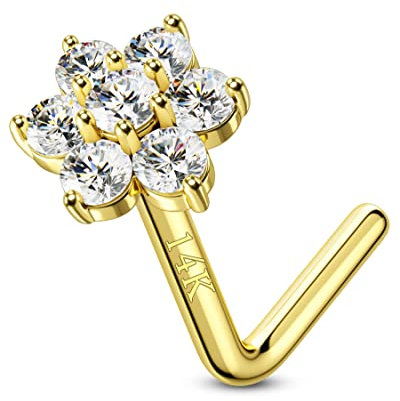 CM Crareesi Mania 14Karat 585 Echtgold Nasenpiercing Spirale Blumen Nasenring Stud Piercing Nasen Screw L/S-Form 20 Gauge(0,8mm) Nostril Piercing Schmuck mit Zirkonia Kristall Diamant für Damen