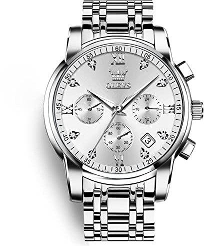 OLEVS Herren Chronograph Armbanduhr, Gold Silber Edelstahl Band Analog Quarz Armbanduhr für Herren, A1-weißes Zifferblatt/silberfarbenes Band, Rund