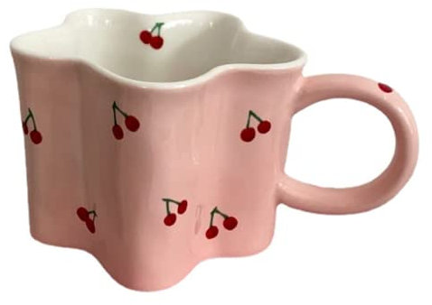 Heardbeli Women Girls Pink Flower Shape Cherry Mug Ceramic Coffee Mug Water Cup 350ml/12oz Cute Novelty Vintage Gift