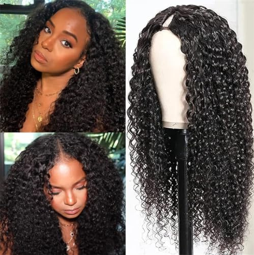 LOVFIR V Part Human Hair Wig 20 Inch Curly Wig Human Hair No Leave Out Upgrade U Part Curly Wigs Natural Black Color Kinky Curly Clip in Half Wigs
