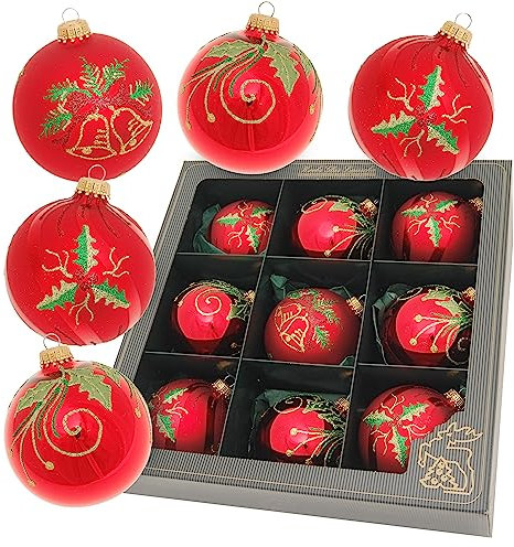 Krebs Glas Lauscha - Weihnachtsdekoration/Christbaumschmuck aus Glas - Weihnachtskugeln - Motive: Glocken und Weihnachtsstern - Farbe: Rot - Inhalt: 9 Stück - Größe: 8 cm