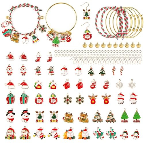 Kalolary 84P 27 Stile Weihnachten Emaille Charme, weihnachtliche Charms Anhänger Set mit Ohrhaken, Rotem Seil, Armbändern, Glocken Handwerk Bilden Schmuck Basteln Herstellung Zubehör