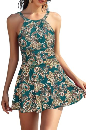 SHEKINI Women's One Piece Swimsuit, Green Floral Print, M