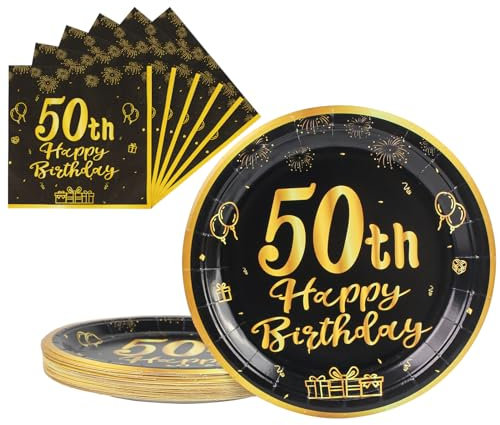 AHPYEUHK 50th Paper Party Plates and Napkins 50pcs 9 Black Birthday Party Dessert Tableware Happy Birthday Decorations Party Supplies