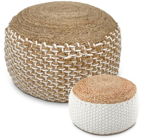 Amago home Sitzhocker Natur/weiß Sitzpouf Jute rund 50 x H 35 cm Deko Hocker Bodenkissen Fußhocker Farbe Jute Natur Weiss
