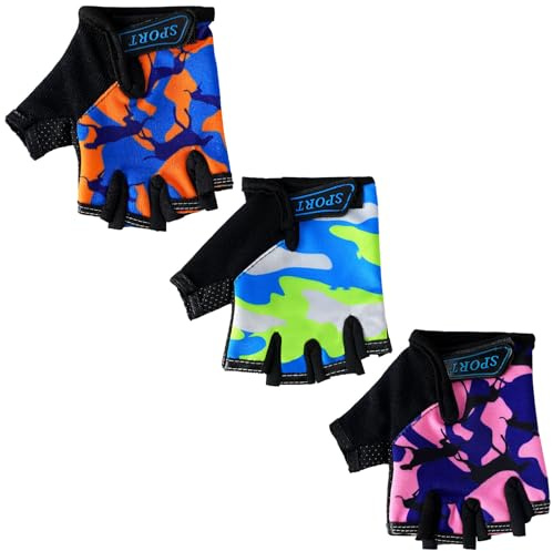 Boao 3 Pairs Kids Half Finger Bike Gloves Non-Slip Breathable Adjustable Birthday Gift for Boys Girls for Bike Workout(Vibrant,8-12 Years)