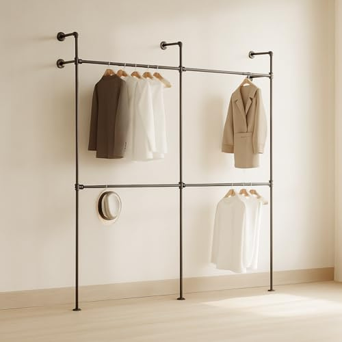 LouMaxx Rusticline Kleiderstange Wandmontage 222x230cm - Garderobenset Industrial Style robust bis 240kg - Offener Kleiderschrank Schwarz Pulverbeschichtet - Erweiterbares System