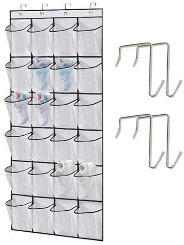 Mythosurge Over the Door Hanging Shoe Storage Holder Organizer, 24 Large Mesh Pockets for Wardrobe Door Tidy with Hanger (White)