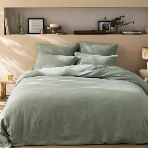 MATT & ROSE Parure de lit Unie Double Gaze de Coton 240x220cm | 100% Coton de qualité supérieure | Oeko-TEX | Housse de Couette 240x220cm + 2 Taies d'oreiller 65x65 cm | Lichen