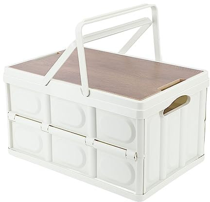 GEEKHOM Campingbox, 30L Picknickkorb Aufbewahrungsbox Faltbare mit Handgriff und Holz Deckel Stapelboxen für Hause Büro Camping Picknick Reisen Familie Auto Kofferraum, Weiß