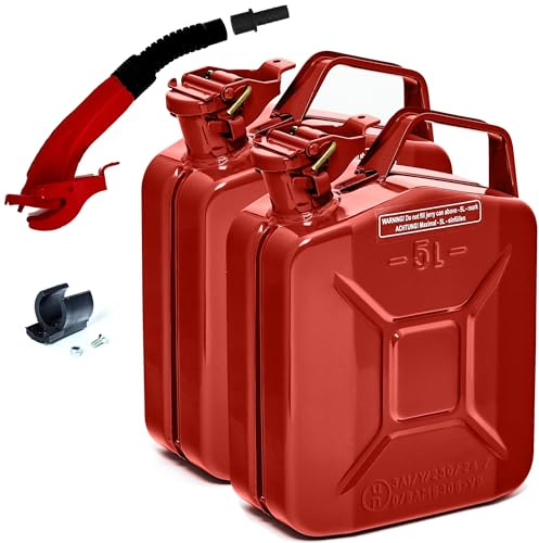 BW® Benzinkanister Metall 2x 5 Liter mit Ausgießer - Kraftstoffkanister Rot - RAL 3000 - TÜV-geprüft und UN-Zulassung - 0,8mm Stahl nach DIN 7274 - Made in Europe