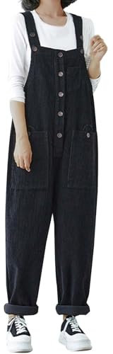 Corduroy Overalls for Women Adjustable Straps Bib Corduroy Jumpsuit Romper Harem Pants Loose Fit Casual Baggy Solid Corduroy Bib Dungarees Overall Cord Jumpsuits Sleeveless Wide Leg (Black, XL)