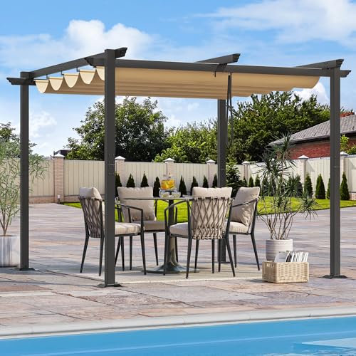 YITAHOME Metal Pergola with Retractable Roof 3x 3m, Outdoor Pergola Includes Water-Resistant and SPF 15 PU Coated Canopy, Sun Shade for Barbecue Events, Garden Parties khaki