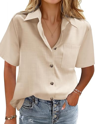 Zeagoo Women Casual Blouse Cotton Short Sleeve Shirts Elegant T Shirt Buttons Blouses V-Neck Work Shirts Khaki M