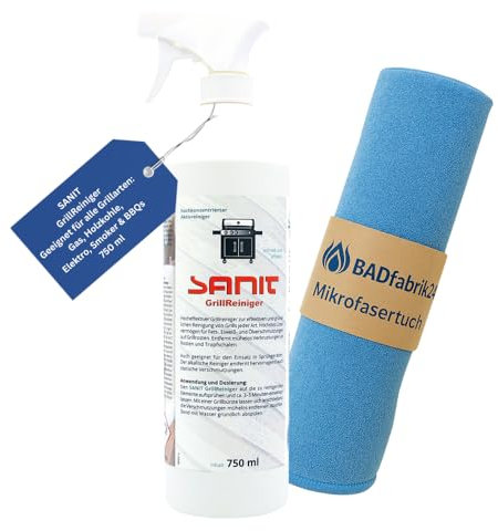 BADfabrik24 SANIT GrillReiniger 3401 – 750 ml Sprühflasche inkl. Mikrofasertuch – Fettlöser für Grill, BBQ & Smoker – entfernt Verkrustungen & Rückstände effektiv, Reinigung,Smoker sauber machen