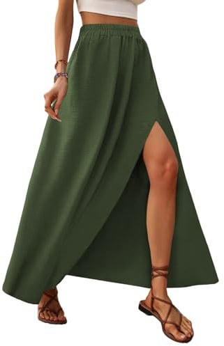 Zeagoo Gonne Estive Donna Gonne Lunga con Spacco Elegante Midi a Vita Alta Gonna Tinta Unita Chiffon Gonna da Spiaggia Verde Militare M