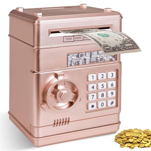 Elektronische Spardose Tresor für Kinder ab 3, Elektronischer Passwortcode Tresor ATM mit Musik Modus, Digitale Elektronisches Sparschwein für Kinder Spielzeug mit Automatischem Scrollen (1, Roségold)