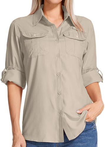 Jogwits Hemd Damen UPF 50+ UV Schutz Wanderhemd Hemdbluse mit Button-down | Safari Kleidung Damen, Outdoorhemd Schnelltrocknend, Atmungsaktiv Langarm Funktionshemd, für Reisen Sport Angeln Golf Casual