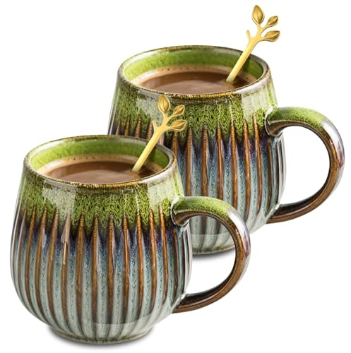 Kaffeetasse aus Keramik 500ml, 2 Stück Kaffeetasse Groß, Vintage Tee Tasse mit Blattgold-Löffel, Teetasse mit Henkel, Porzellan Cappuccino Tassen, Kaffeebecher Keramik, Latte Tassen Becher (Grün)