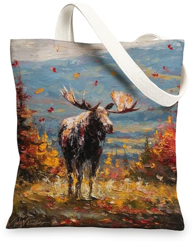 Elch-Taschen aus Segeltuch, wiederverwendbare Lebensmittelbeutel mit Wildtier-Muster, Vintage, leicht, waschbar, mit Schultergurt