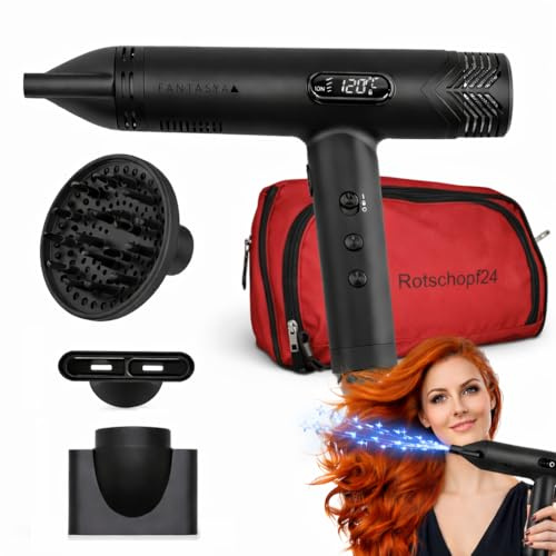 Rotschopf24 Efalock FANTASYA High Speed Haartrockner, Ionen Föhn + Tasche | 1800 W, Brushless-Motor, 4 Temperatur- und 4 Gebläsestufen, 29,7 l/s Luftdurchsatz mit Diffusor und Düsen.