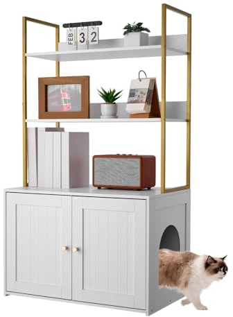 VEVOR Cat Litter Box Enclosure Furniture, 70 cm Hidden Litter Box Cabinet with Metal Legs & 2-Tier Storage Shelves, Waterproof Washroom Cat House, Fit Most of Litterbox, for Living Room