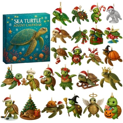 Schildkröten-Adventskalender 2025, 24 Tage Weihnachts-Countdown-Kalender, Weihnachtsdekoration, zum Aufhängen, Acrylanhänger, um Ihren Baum und Ihr Haus zu dekorieren