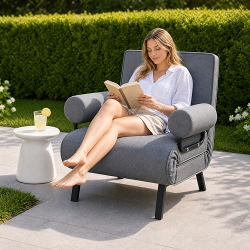 Folding Sofa Bed with Upgraded Thick-Padded Armrests & Pillow, 4-in-1 Convertible Sofa Chair Bed w/ 6-Position Adjustable Backrest, Sturdy Metal Frame, Portable Guest Bed for Home (Grey, 100cm wide)