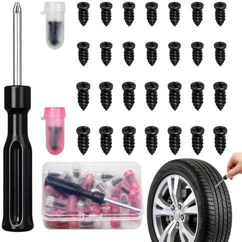 Piaeny 30Pcs Car Tyre Repair Kit, Universal Car Tyre Puncture Repair Kit with Screwdriver, Fast Seal Rubber Nails for Quick Emergency Fix, Portable Tyre Plug Repair Kits for Auto Motorcycle