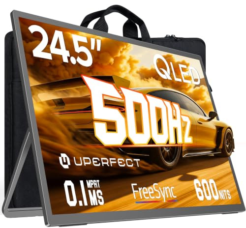 UPERFECT 24.5 500Hz QLED Monitor Portatile 0.1ms 125% sRGB 2000:1 600 Nits | FreeSync Gaming Portable Monitor Ultra Sottile HDR IPS-Bildschirm für PC Laptop Spielekonsole, VESA-kompatibel