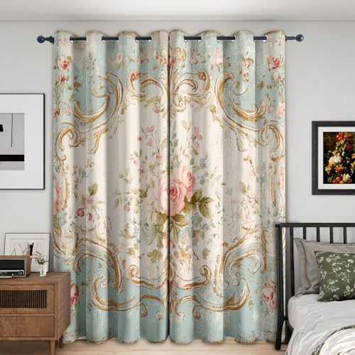 Generisch Vorhänge Schlafzimmer Country Blumen Motiv, Rosenmuster Floral Vintage Blickdichte Gardinen Wohnzimmer Deko, 2er Set H 220 x B 140, Thermo Verdunklungsvorhänge mit Ösen CTW125