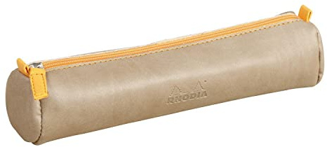 RHODIA 318894C - Rhodiarama Taupe Round Pencil Case - 21.5 x 5.5 cm - Genuine Orange Stitching - Ivory Jersey Interior - Faux Leather - Storage for Pens, Pencils, Markers, Small Supplies