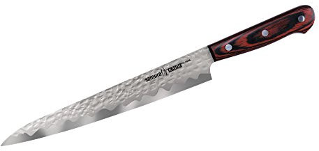 Couteau Samura KAIJU Yanagiba Professionnel avec une monocouche d'acier japonais martelé et une longue lame de 9.4/240mm. Dureté 59 HRC